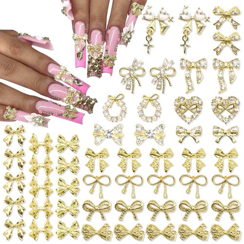RODAKY 58PCS Bow Nail Charms Gold Charm for Nails Crystal Heart Bowknot Nail Art Gems Rhinestone Luxury Cute Nails Decoration for Manicure Design DIY
