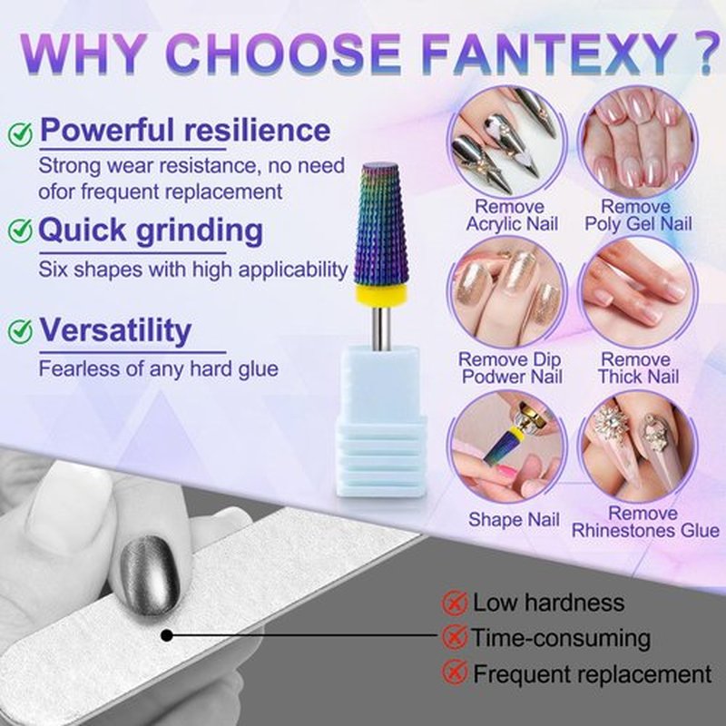 FANTEXY 3/32" Carbide Nail Drill Bit, Color Coated Gel Polish Remover Drills Bit, Tungsten Drill Bits Set Nail File, Nails Tech Supplies, for Manicure Pedicure Cuticle Gel Polishing (Extra Fine - XF)