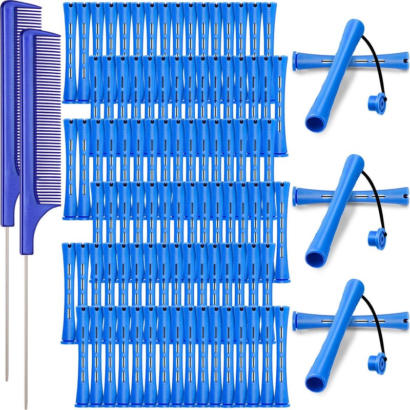 WILLBOND Hair Perm Rods - 96 Pcs Heatless Curlers with 2 Steel Pintail Combs | 0.35 Inch, Blue