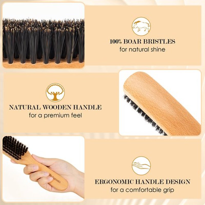 STYLEMATE Slick Back Hair Brush for Women Men, Natural Soft Boar Bristle Hair Brush for Thin & Fine Hair, Medium Hardness Smoothing Hairbrush for Polishing, Deepening & Styling