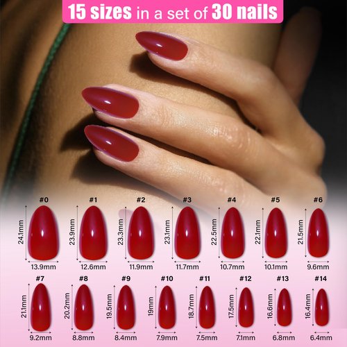 30 Pcs Medium Red Short Almond Press on Nails Full Cover False Nails for Women and Girls,Salon Acrylic,Nail Glue Included,with Metal Box,Easy Apply