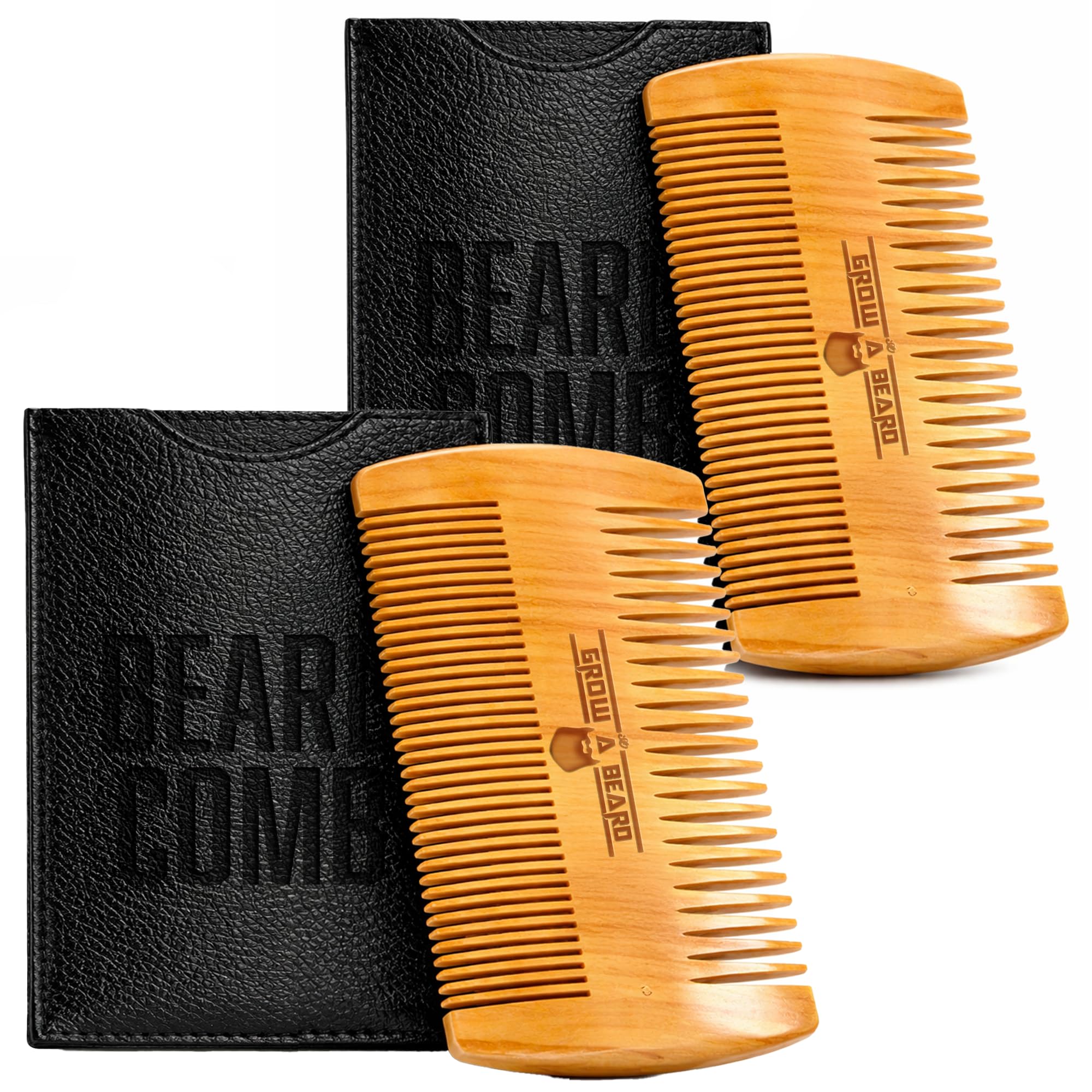 Wooden Beard Comb for Men & Case, Great Mustache Comb for Men, Dual Action Beard & Mustache Comb With Fine & Coarse Teeth, Mens Pocket Wood Comb, Peine Para Barba de Hombre (2 pack Comb+Case)