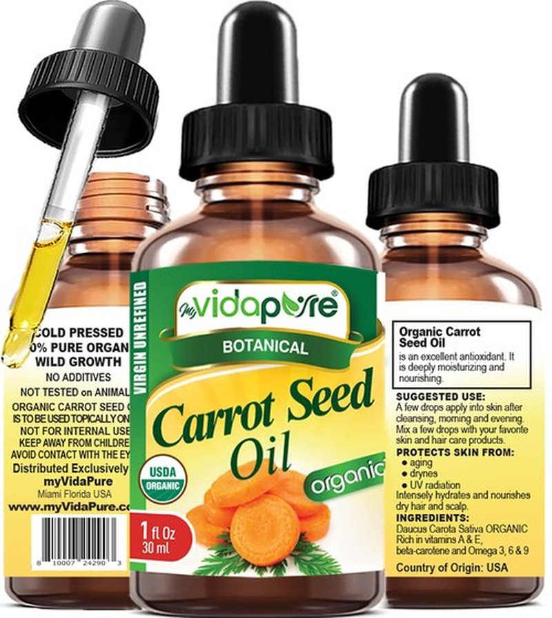 MYVIDAPURE Organic CARROT SEED OIL Certified Organic WILD GROWTH Daucus Carota RAW 100% Pure VIRGIN UNREFINED Undiluted for Skin, Face, Hair, Lip and Nail Care (1 Fl Oz)