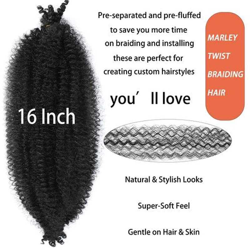 8 Packs Springy Afro Twist Hair 16 inch Marley Twist Braiding Hair Pre-Separated Braiding Hair for Distressed Faux Locs Spring Twist Hair Extensions for Women (1B, 16 Inch (Pack of 8))