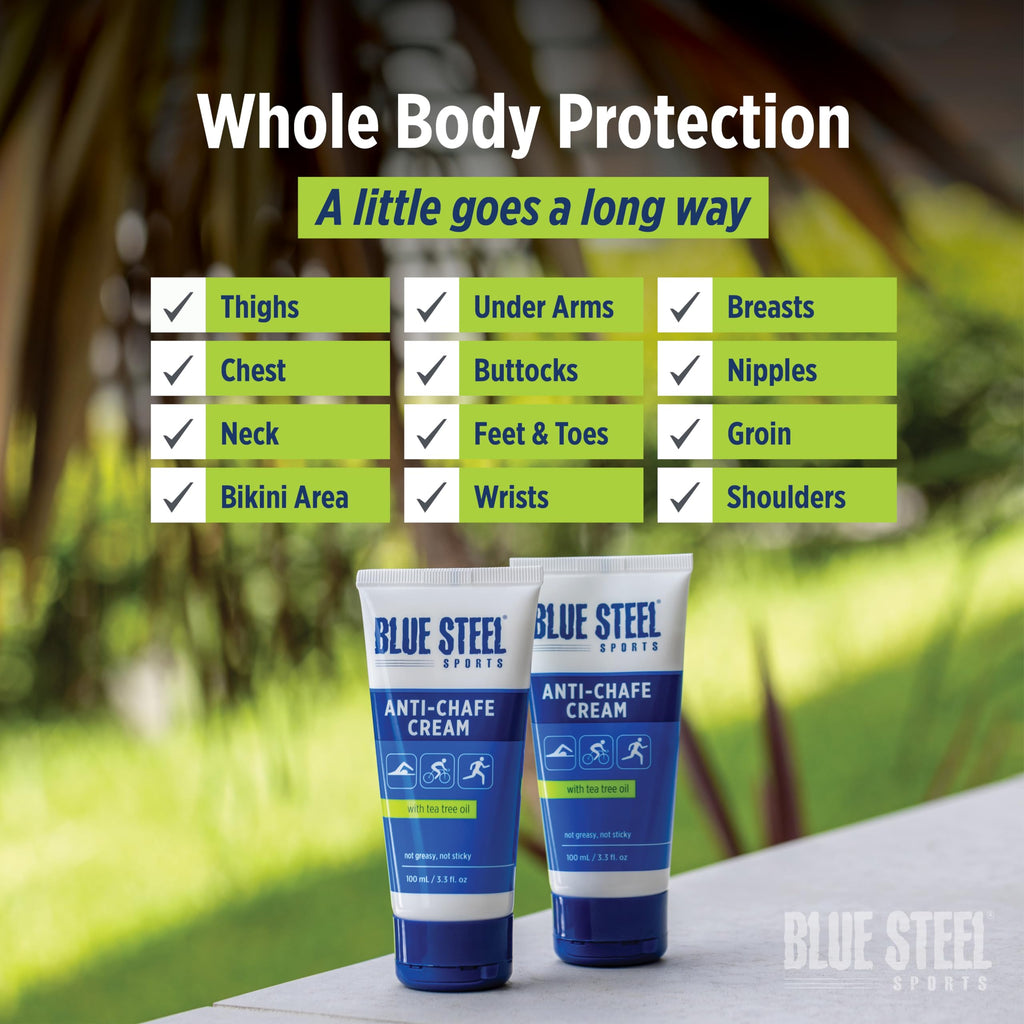 Blue Steel Sports Anti Chafe Cream 100ml – Long-Lasting Protection for Running, Cycling & Sports | Sweat & Water Resistant | Non-Greasy, Non-Staining | For Sensitive Skin, Men & Women