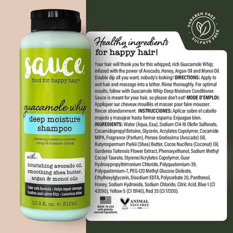 SAUCE BEAUTY Guacamole Whip Shampoo (10.5 Fl Oz) Deep Moisture Shampoo with Shea Butter and Avocado, Argan, Monoi & Coconut Oils, Frizz Control and Hair Repair Formula For All Hair Types