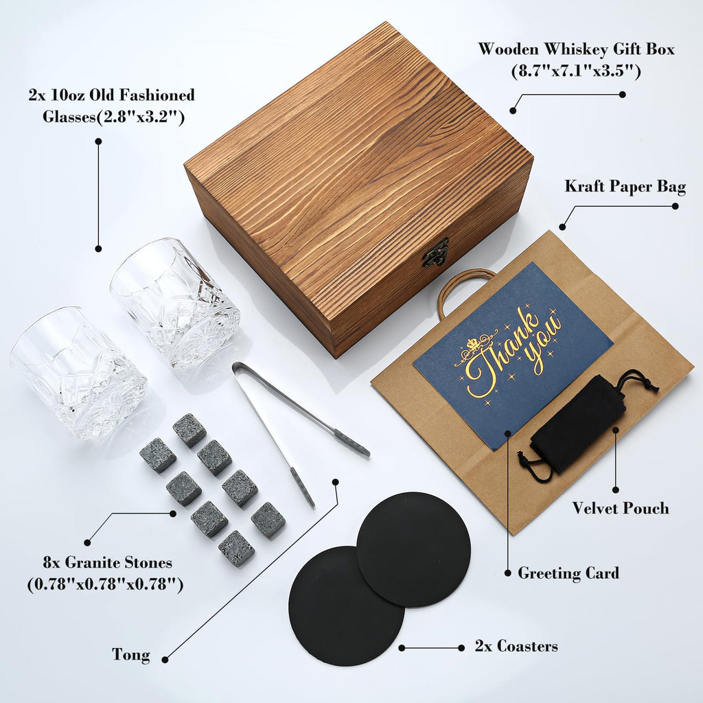 Sovyime Whiskey Stones Gifts for Men, Groomsmen Gifts, Granite Chilling Stones Bourbon Whiskey Glasses Set, Unique Birthday Gifts for Men Christmas Father's Day Valentine Retirement, 300ml