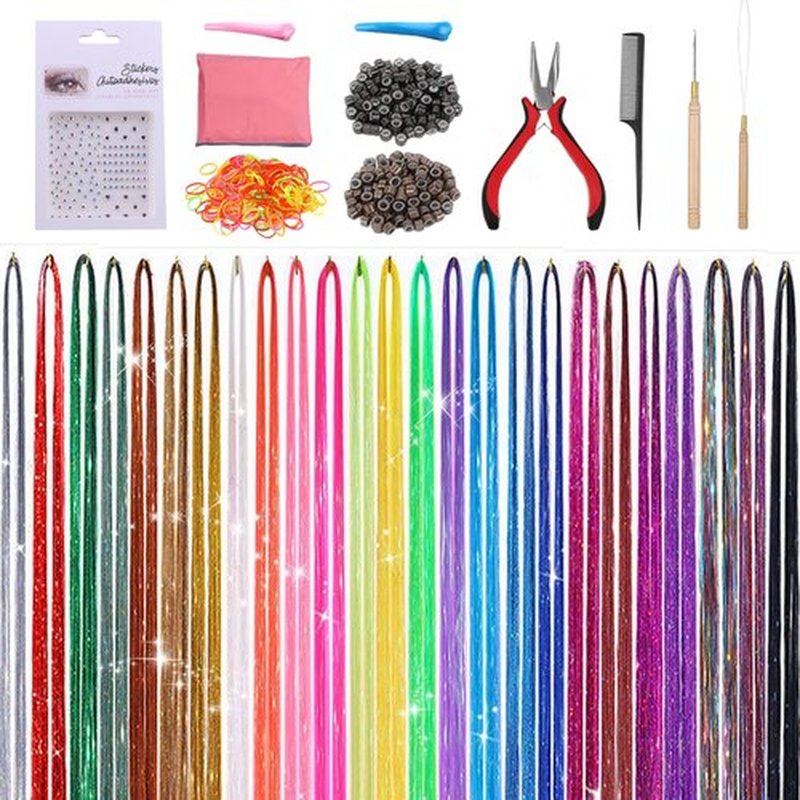 25 Colors Tinsel Hair Extension Heat Resistant With Tool,48 Inches 6000 Strands Fairy Hair extension kit for Halloween Cosplay Christmas New Year Birthday Theme Party,Highlights Sparkling Glitter Hair
