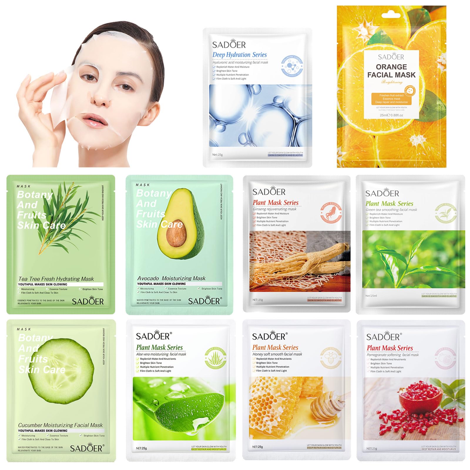 YiJiaBa 10 Pack Sheet Face Masks Skincare, Fruit hydrating Face Masks Set, Moisturize,Brighten,Facial Masks Sets For Women/Teen Girls, Suitable for Sensitive Skin