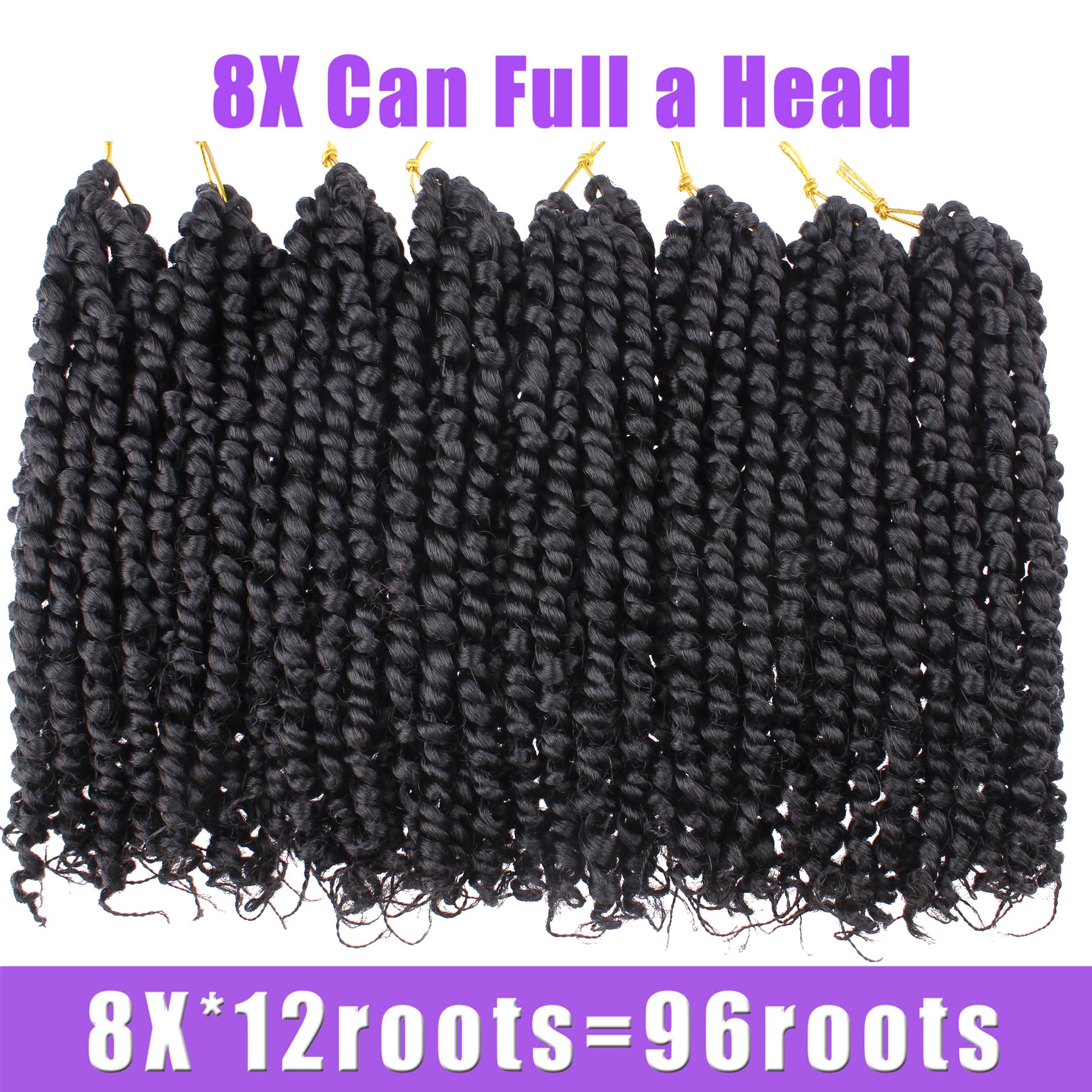 ZRQ Short 8 Packs Pre-twisted Bob Passion Twist Crochet Hair with Curly Ends 6 Inch Pre looped Black Passion Twists Hair 12 Roots/Pack Synthetic Bohemian Crochet Braids Hair for Black Women 1B#