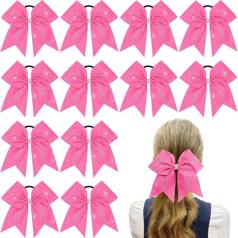 VOBOBE 12PCS Large Cheer Hair Bows for Cheerleader, Pink 8" Glitter Rhinestones Grosgrain Ribbon Elastic Band Ponytail Holder Hair Tie for Cheerleading Soccer Basketball Sport Competitions (Pink)