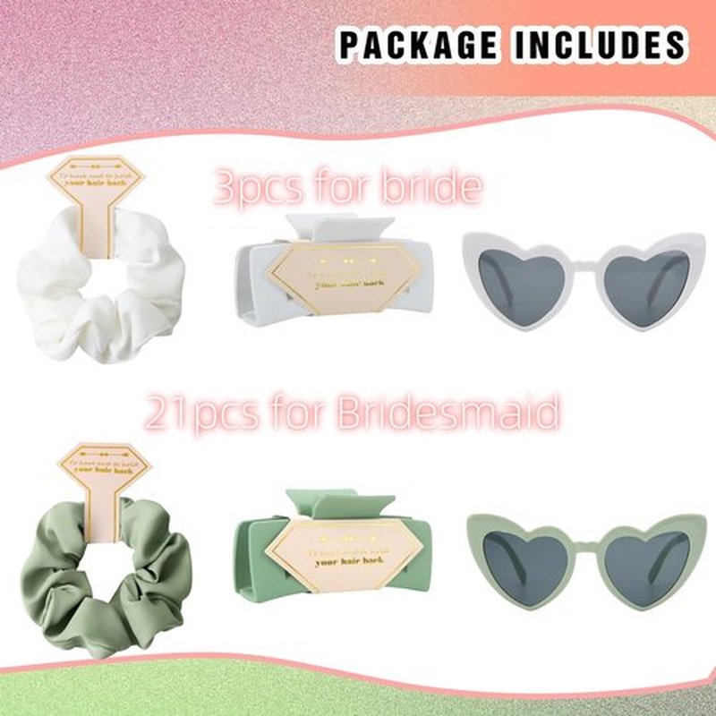 Tethzeng Bridesmaid Scrunchies Proposal Gifts Bachelorette Hair Claws Clips Girls heart sunglasses for Wedding Party Favors (White&Dusty Blue)
