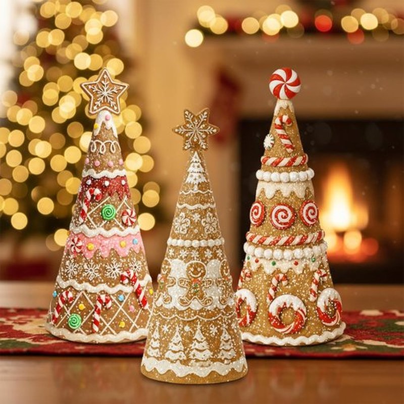 Simgoing Gingerbread Christmas Tree Figurines - 3 Pack Resin Tabletop Decorations for Holiday Centerpieces