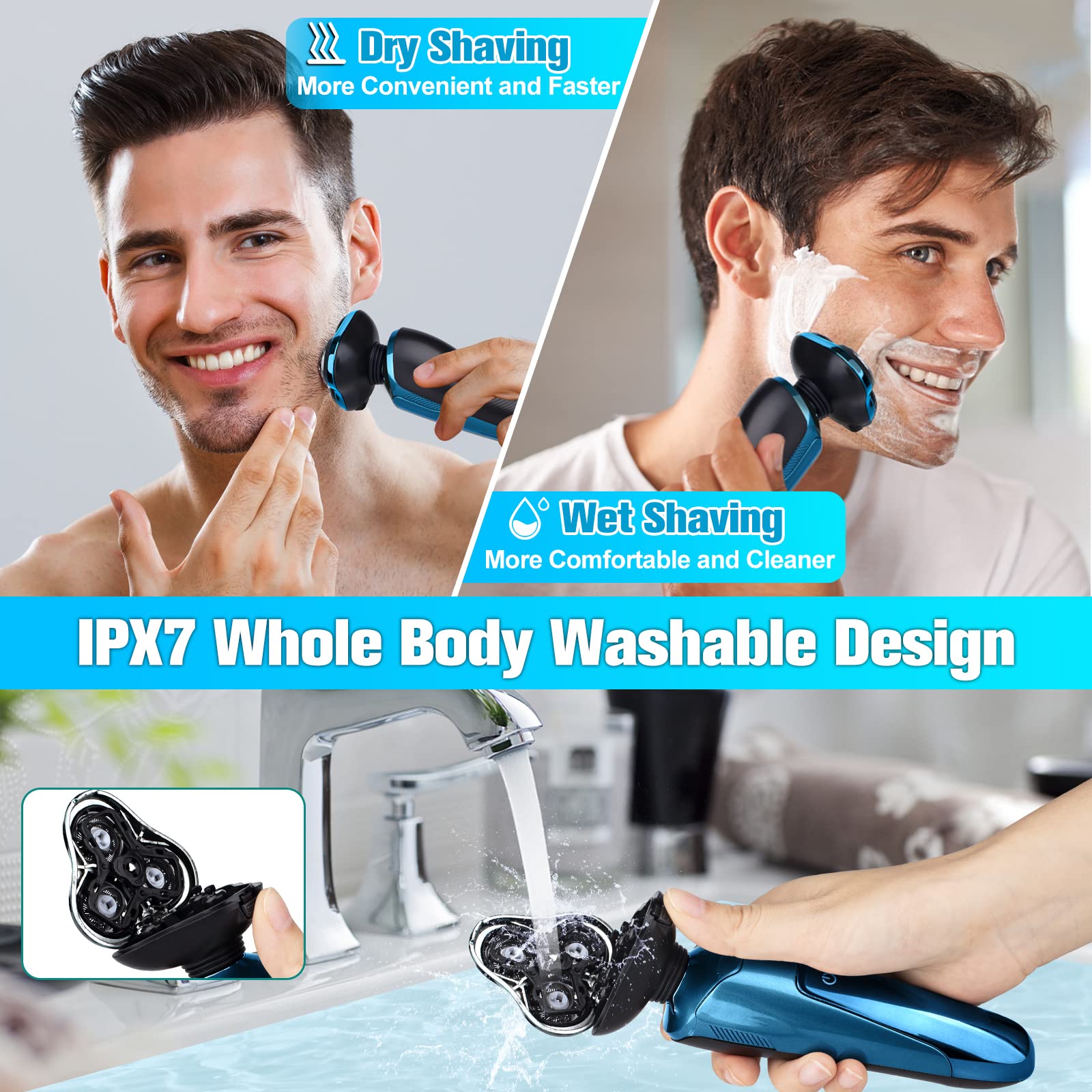 Electric Razor for Men, 3-in-1 Shaver with Floating Blades for Nose Hair &Sideburns,Replacement Blades, Pop-up Trimmer, IPX7 Waterproof, Travel Lock, Wet & Dry Use, Face Shaving Grooming Travel Kit