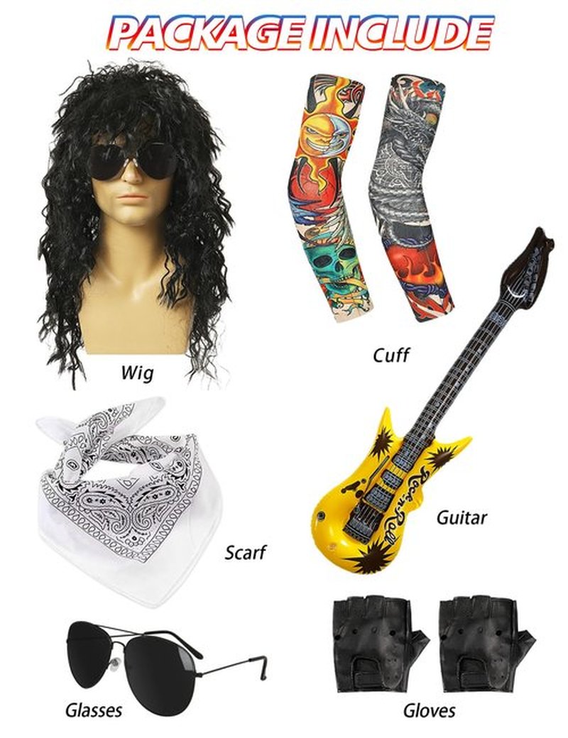80s Costumes for Men Black Rocker Wig with Bandana Sunglasses Punk Gloves Sleeves for 70s Hippie Party Accessories
