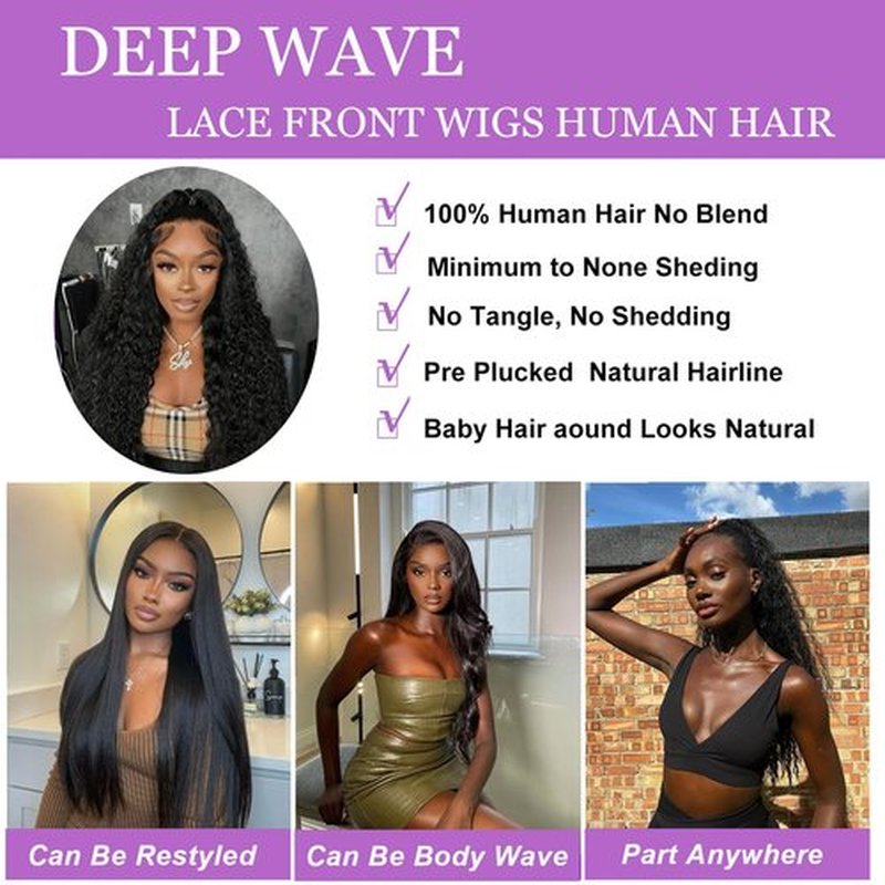 30 Inch Deep Wave Lace Front Wigs Human Hair 13x6 HD Real Human Hair Wig 12A Natural Black Glueless Curly Wig Human Hair Pre Plucked for Women Invisilbe Hairline Tiny Knots 200 Density Longer Life
