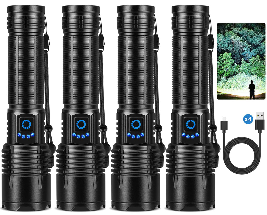 Kungf Flashlight Rechargeable 4 Pack, LED Flashlights High Lumens, 99,000 Lumen Super Bright FlashLights, 5 Modes Adjustable Powerful Handheld Flash Light for Home, Outdoor, Waterproof