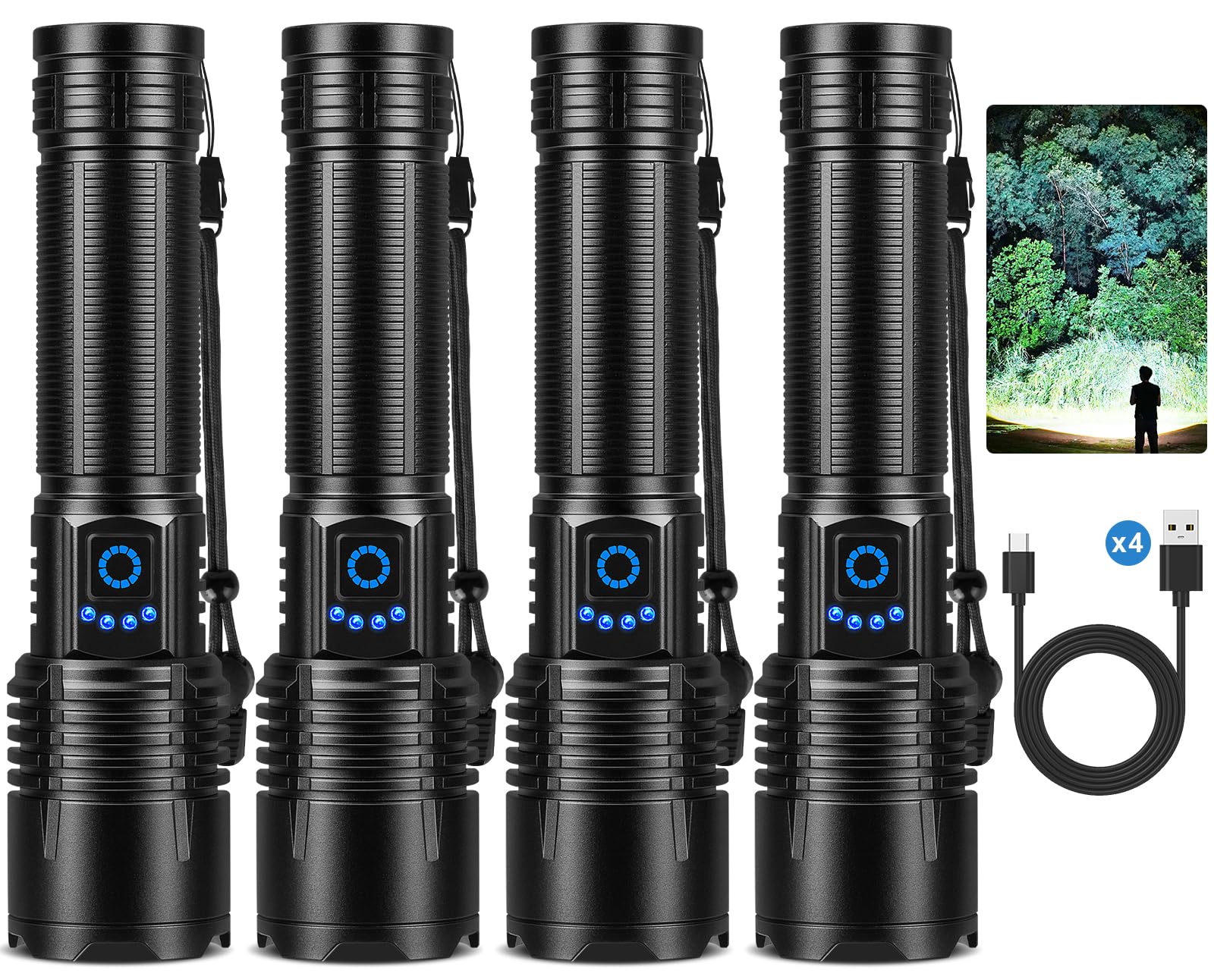 Kungf Flashlight Rechargeable 4 Pack, LED Flashlights High Lumens, 99,000 Lumen Super Bright FlashLights, 5 Modes Adjustable Powerful Handheld Flash Light for Home, Outdoor, Waterproof