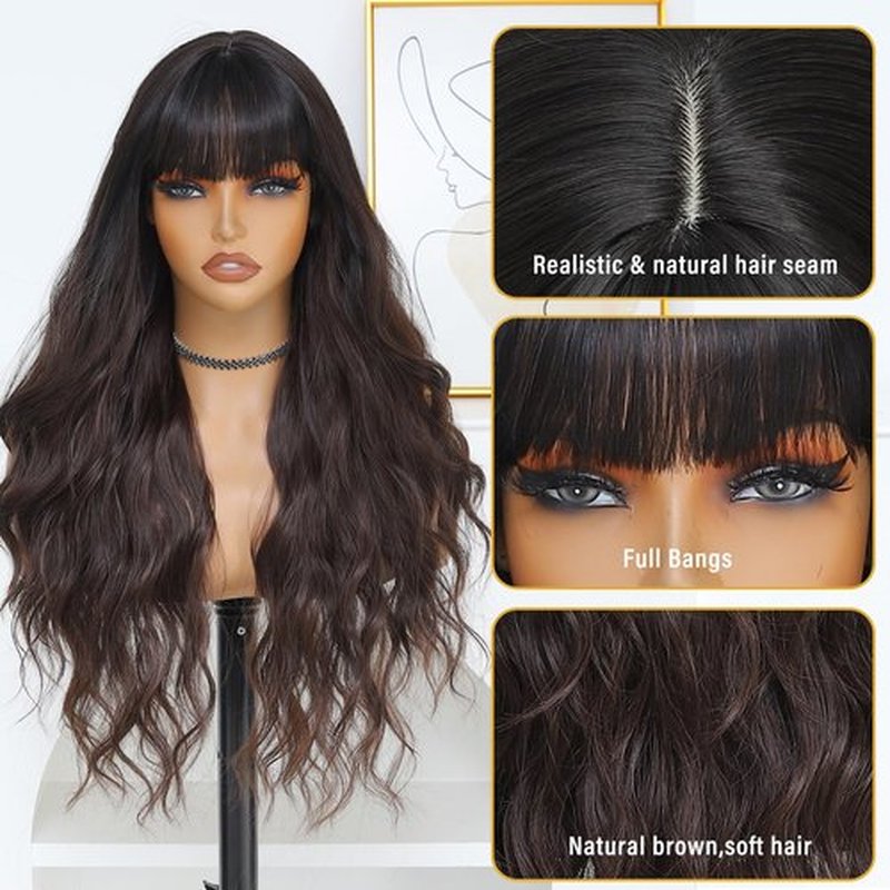 BEAUTIFA Dark Brown Wig for Women, Long Brown Wavy Wig with Bangs 26 Inch Wigs Natural Looking Heat Resistant Synthetic Wig for Daily Party Use