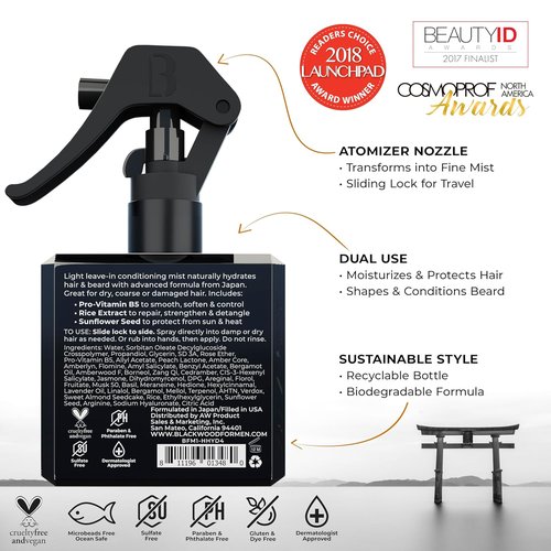 Blackwood For Men Hair & Beard Hydrator Spray - Natural Leave-In Conditioner for Moisturizing & Detangling - Ideal for Beard Growth - Vegan Grooming Essential (4 oz)
