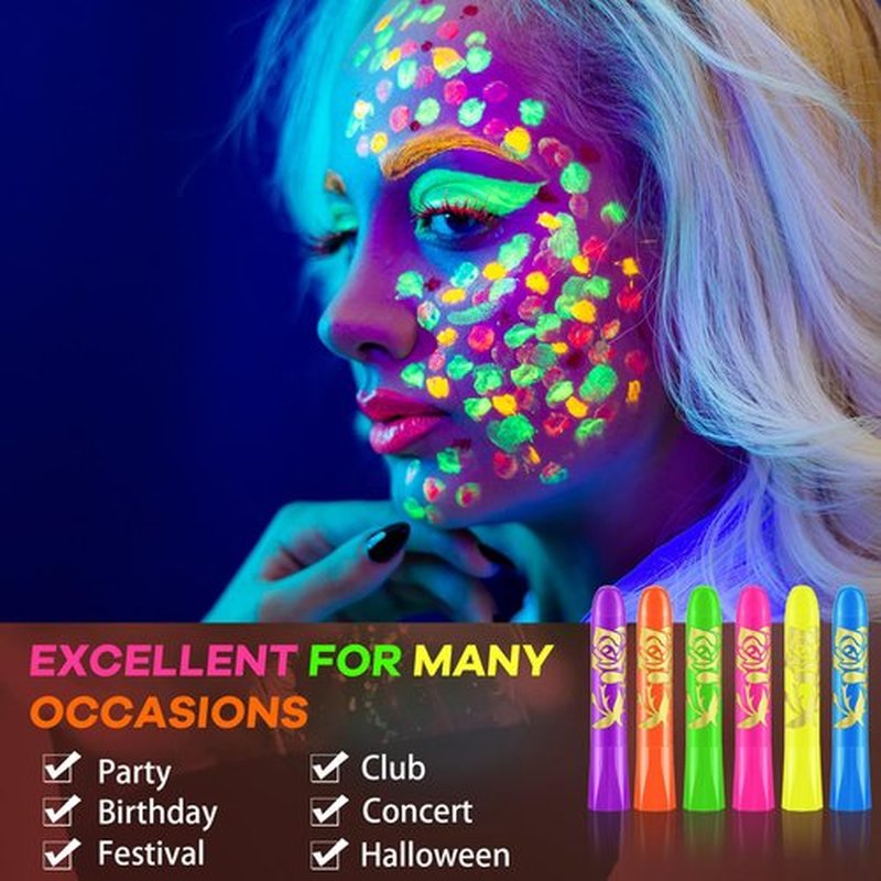 Tenceur 48 Pcs Glow in The Dark Face Body Paint Makeup, UV Crayon Black Light Fluorescent Body Face Painting Kit for Adult Birthday Party Halloween Makeup Outdoor, 6 Colors