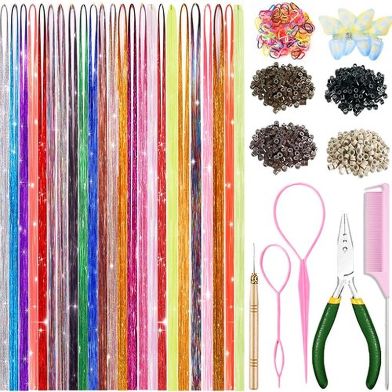 Hair Tinsel Kit with Tools 24 Colors 9000 Strands Fairy Hair Tinsel Heat Resistant Sparkling Shiny Tinsel Hair Extensions 48 Inch Colorful Hair Tinsel strands Kit (48 Inch 9000strands, 24Colors)