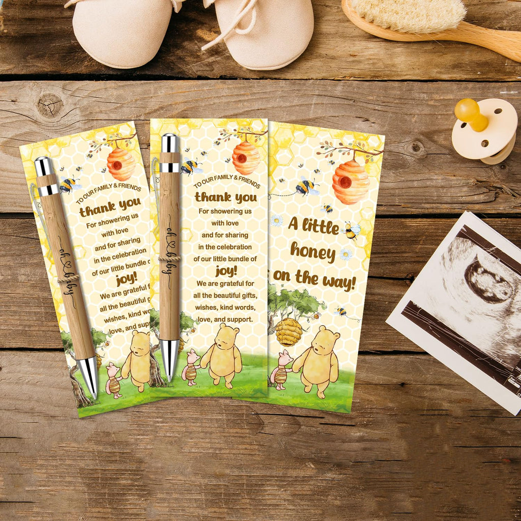 Toerifer 30 Pcs Winnie Baby Shower Favors for 30 Guest, Thank You Gift Sets, Included Bamboo Pens Greeting Cards, Gender Reveal Souvenirs Prizes, Winnie Honey Bee Baby Birthday Decor