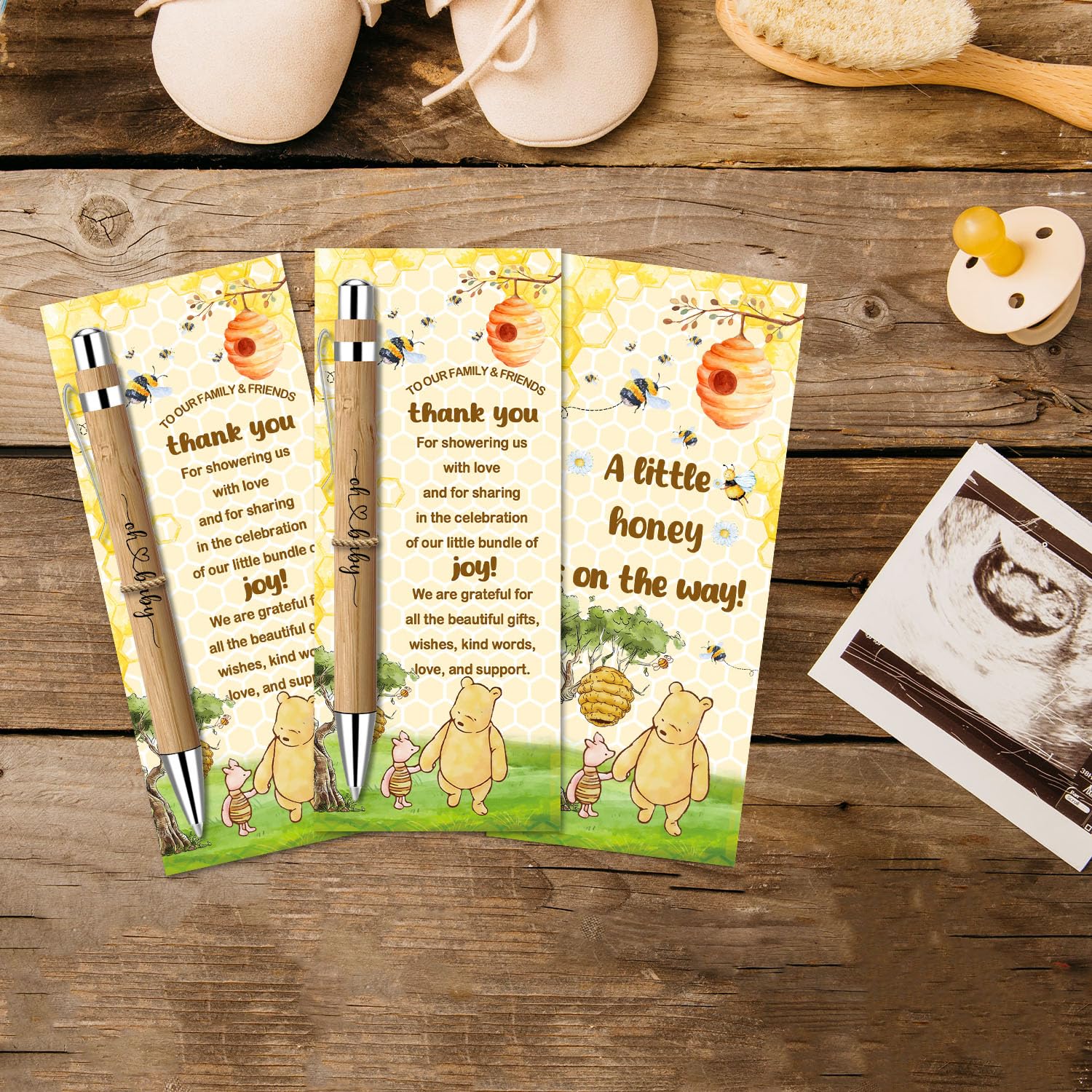 Toerifer 30 Pcs Winnie Baby Shower Favors for 30 Guest, Thank You Gift Sets, Included Bamboo Pens Greeting Cards, Gender Reveal Souvenirs Prizes, Winnie Honey Bee Baby Birthday Decor