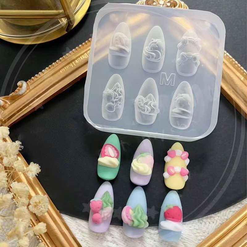 5Pcs 3D Cake Piping Gel Nail Art Mold Arts Resin Strawberry Cream Flower Molds for Accessories Supplies Wreath Silicone Tools Ribbon Bow Nails