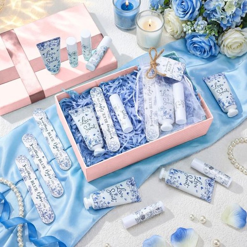 Leelosp 50 Sets Something Blue Before I Do Bridal Shower Hand Cream Lip Balm Nail File Gift Bulk Blue Floral Wedding Favors Travel Size Thank You Gifts Set Bridal Shower Favors for Guests