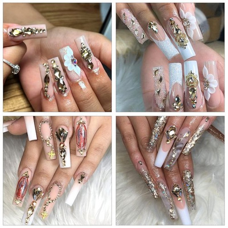 HINABTRU Gold Rhinestones for Nails Champagne Nail Gems Diamonds-7220Pcs Nail Crystals Jewels-Nail Charms Accessories for Nail Decoration(14 Different Shape+ 6520 Round Gold Nail Stones+Wax Pen)