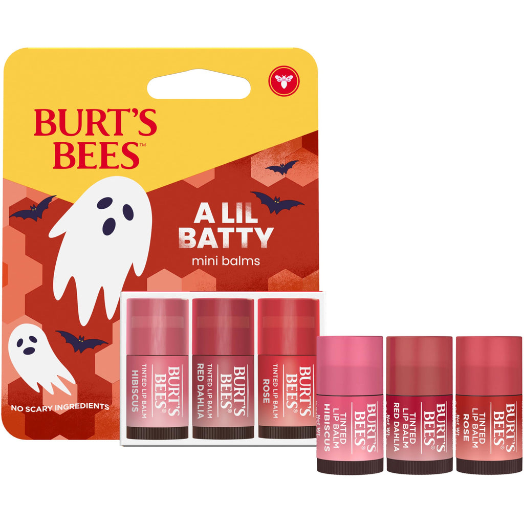 Burt's Bees A Lil Batty Halloween Minis Hibiscus, Red Dahlia and Rose Tinted Lip Balm Gift Set, 100% Natural Origin Lip Care, 3 Tubes, 0.049 Oz. (Package May Vary)