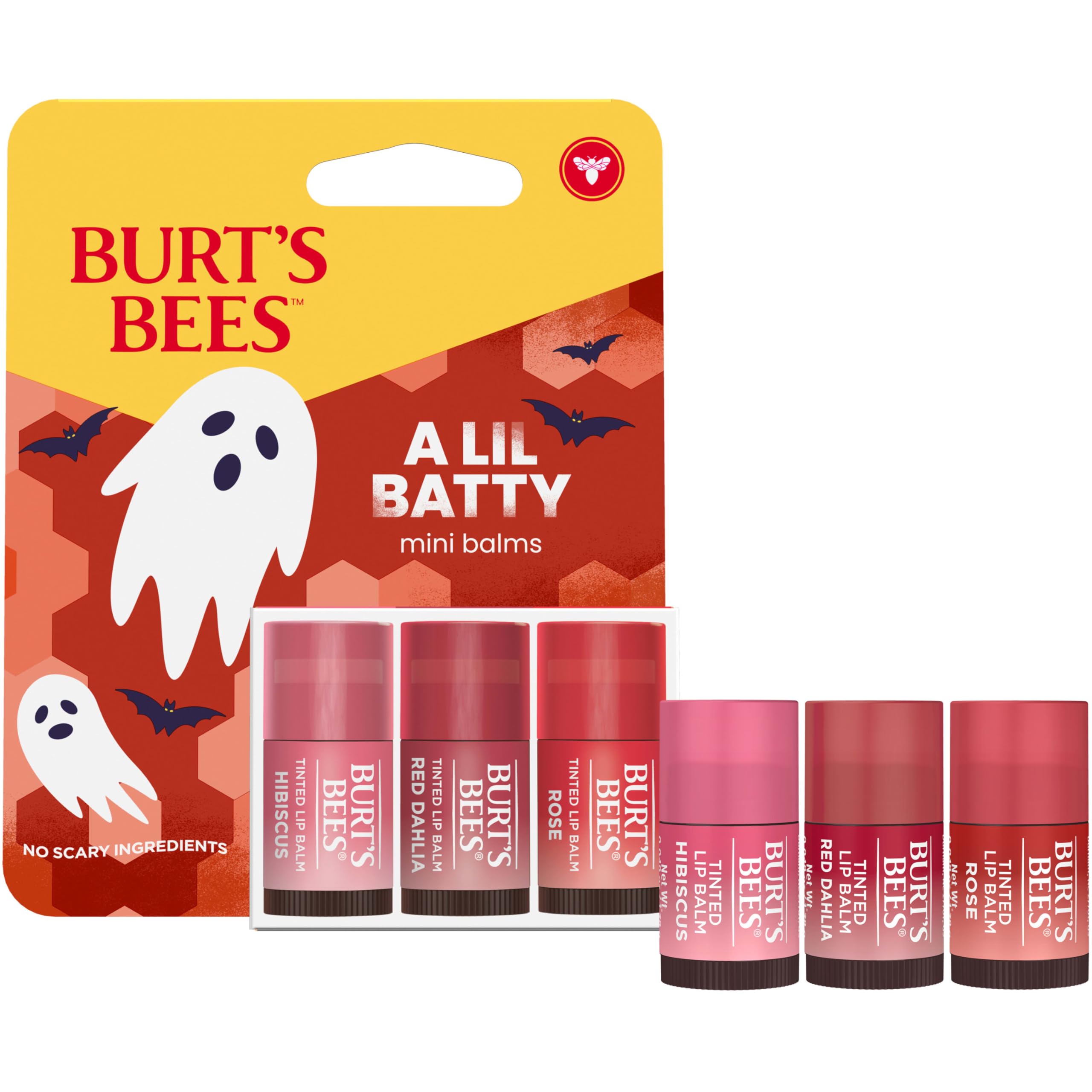 Burt's Bees A Lil Batty Halloween Minis Hibiscus, Red Dahlia and Rose Tinted Lip Balm Gift Set, 100% Natural Origin Lip Care, 3 Tubes, 0.049 Oz. (Package May Vary)