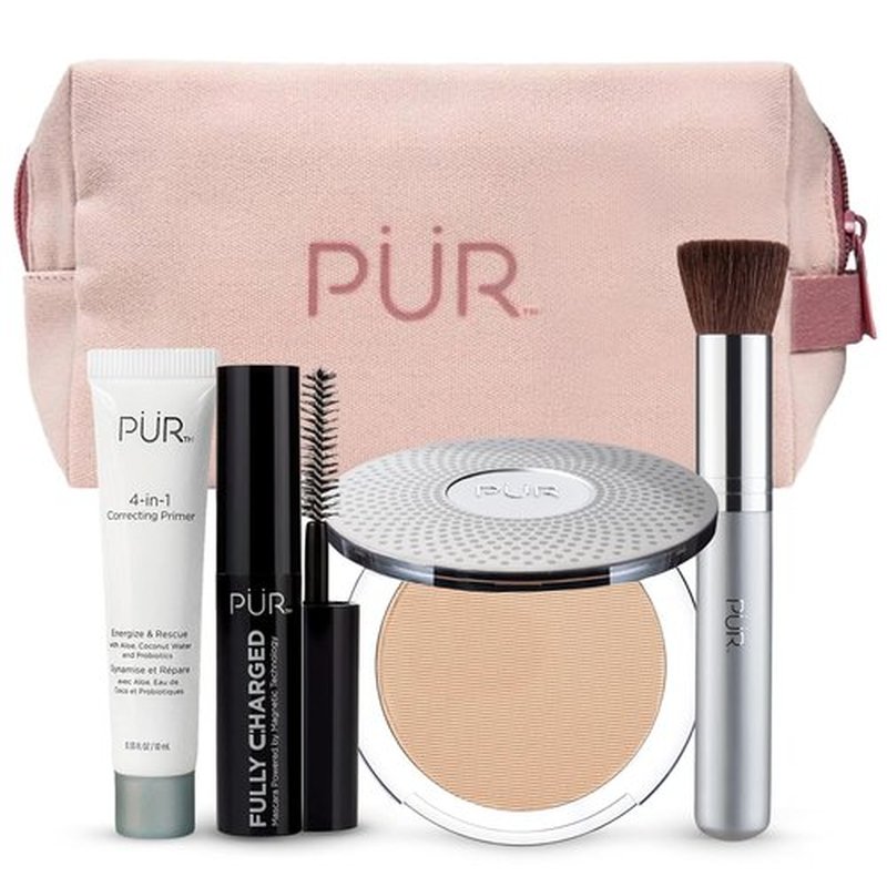 PÜR Minerals Multitasking Essentials Kit | 4-in-1 Primer, Mascara, Mineral Powder & Brush Set
