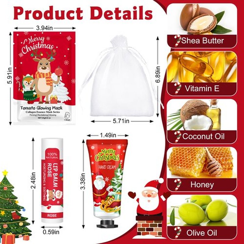KONEUK 60 Pack Christmas Hand Cream, Facial Mask and Lip Balm Set, Stocking Stuffers for Women, Bulk Christmas Gifts for Coworkers, Party Supplies, Spa Party Favors and Decorations