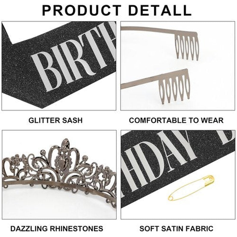 FASOTY Birthday Baddie Sash and Crown for Women Girls - Black Glitter with Silver Foil Birthday Girl Sash and Crown Funny Birthday Party Favor Supplies