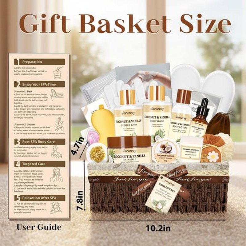 Jorceray 22PCS Spa Gift Baskets for Women, Luxury Bath and Body Gift Basket Set for Women Coconut Vanilla Spa Kit Relaxing Spa Self Care Gift for Her Wife Lover Mom Sister Friend
