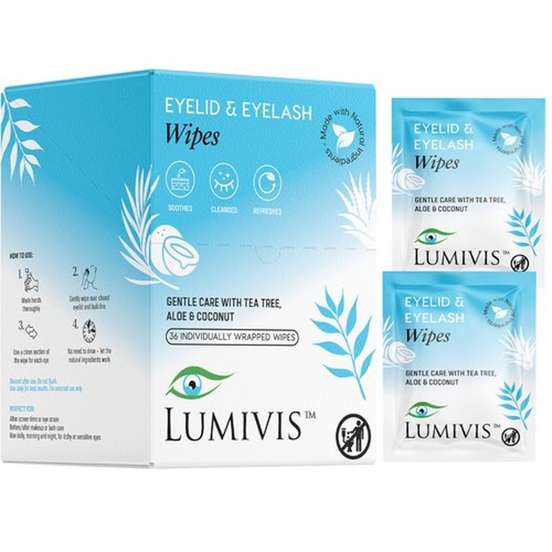 Lumivis Tea Tree Oil Eyelid Wipes – 36 Individually Wrapped Pads for Daily Eye Cleansing, Makeup Removal & Eyelid Hygiene – Gentle, Soothing, Natural Formula