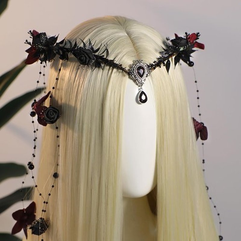 MOSTORY Black Fairy Flower Headpiece - Gothic Floral Headband Dark Elf Crown Medieval Floral Circlet for Witch Oufit Halloween Accessories Women Renaissance Faire Costume Cosplay