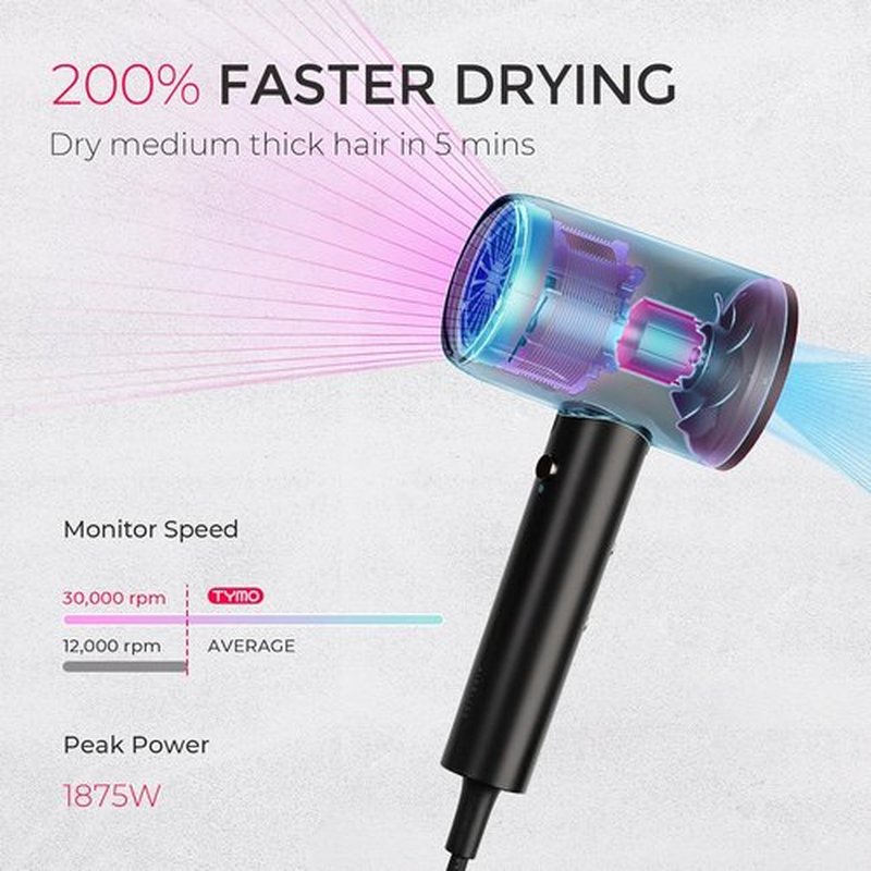 TYMO Diffuser Hair Dryer - 300 Million Ionic Blow Dryer with Comb Attachment for Curly Hair | Lightweight & Travel-Friendly, Black