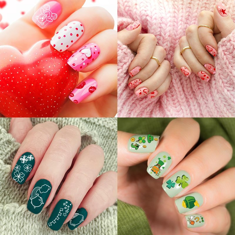 Whaline 6Pcs St. Patrick's Day Valentine Nail Art Stamping Plates Kit Love Heart Spring Shamrock Image Stamp Templates Nail Art Plates Set for DIY Print Manicure Salon Design