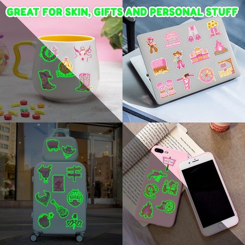 96 PCS Disco Western Cowgirl Pre-Cut Luminous Glow in the dark Temporary Tattoos for Kids | Super Cute Themed Birthday Party Favors Supplies Decorations, Pink Fake Tattoo Stickers Gifts for Boys Girls