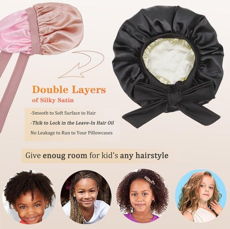 SAYMRE 2 PCS Kids Bonnet for Girls Double Layer Silk Satin Bonnet Sleep Cap for Child Curly Natural Hair 3-12Y (pink&black)