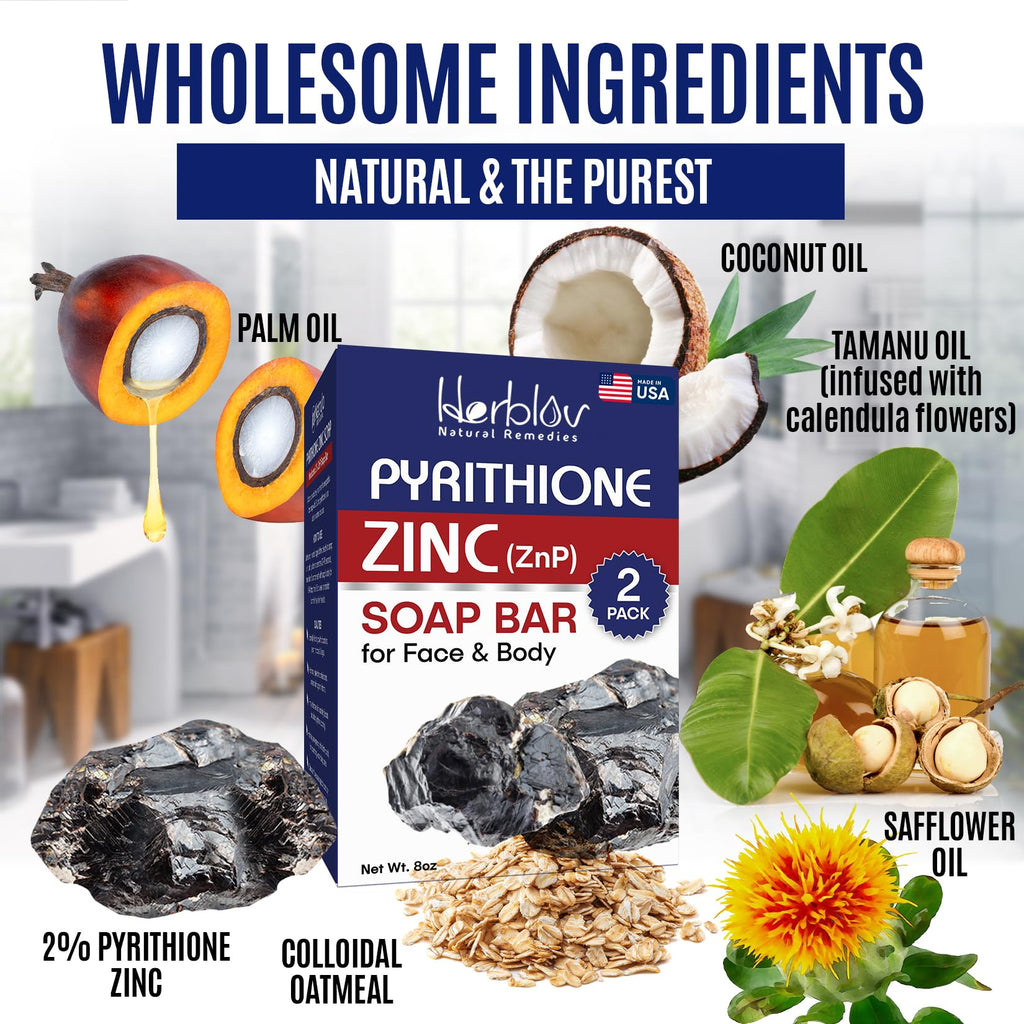 Zinc Soap Bar with Zinc Pyrithione – Gentle All-Natural Face & Body Wash – Daily Cleansing Formula for Oily, Sensitive & Blemish-Prone Skin – Exfoliating Bath Bar Skincare Cleanser – Made in USA