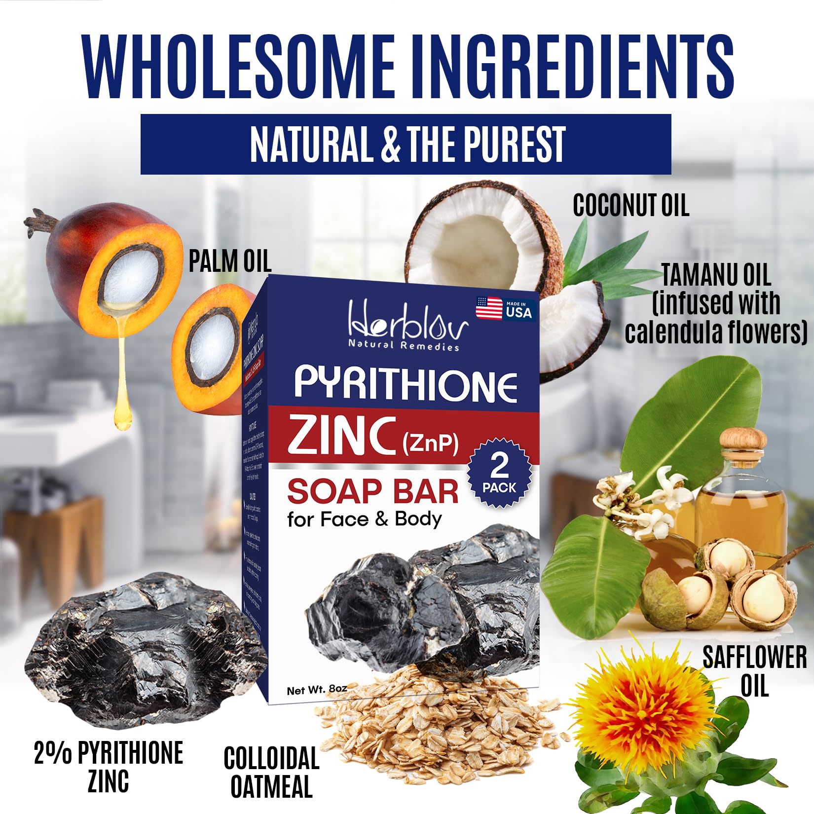 Zinc Soap Bar with Zinc Pyrithione – Gentle All-Natural Face & Body Wash – Daily Cleansing Formula for Oily, Sensitive & Blemish-Prone Skin – Exfoliating Bath Bar Skincare Cleanser – Made in USA