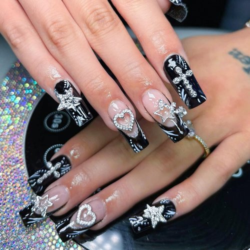 TemBelle 165PCS Silver Nail Charms Bulk Set with Star, Planet, Cross & More; 165 Count; Metal Alloy with Rhinestones; Mix Shape; Nail Art Accessories