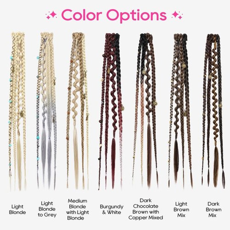 REECHO Clip in Braid Hair Extensions for Women, 16" Boho Dreadlock Clip in Braids with Beads & Charms, 2PCS Synthetic Braided Hairpieces for Cosplay Daily, Medium Blonde with Light Blonde