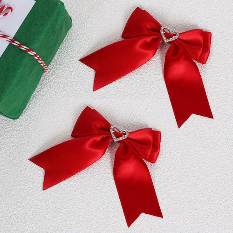 Red Hair Bow Clips Satin Bowknot Hair Clips Sweet Heart Rhinestones Ribbon Hairpins for Girls Chirstmas Valentine's Day Party Hair Accessories