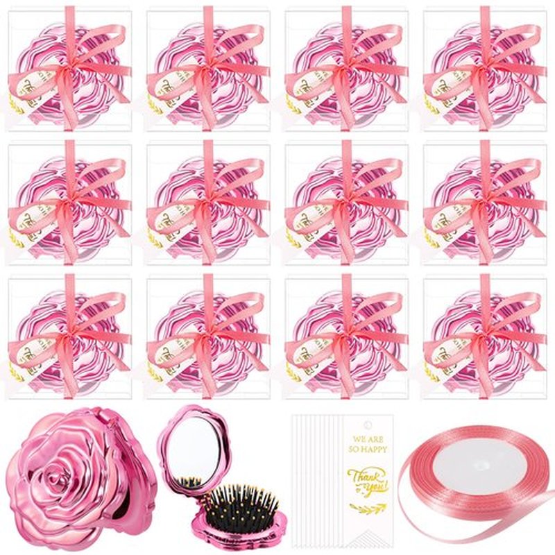 12 Set Rose Compact Pocket Mirror Brush Bulk Galentines Quinceanera Party Favors for Guests Including Rose Pocket Mirror Thank You Tags Clear Boxes with Ribbon for Wedding Bridal Shower Souvenir Gifts