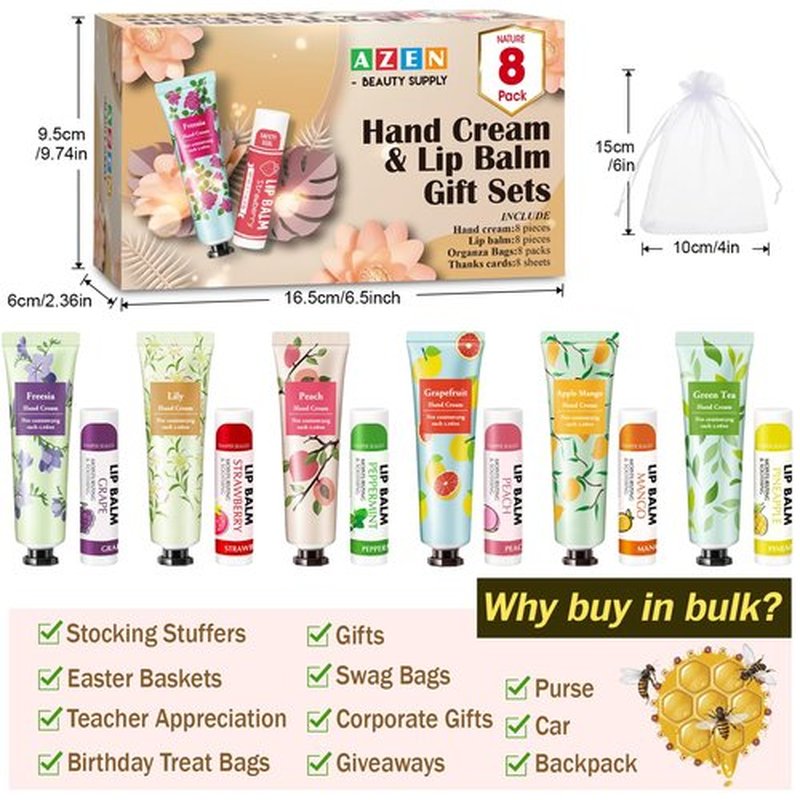 AZEN 8 Sets Bulk Gifts, Hand Cream and Lip Balm Bulk Set with Organza Bag Thank You Card, Baby Shower Wedding Gifts for Guests, Bridal Wedding Favors, Valentines Gift for Women